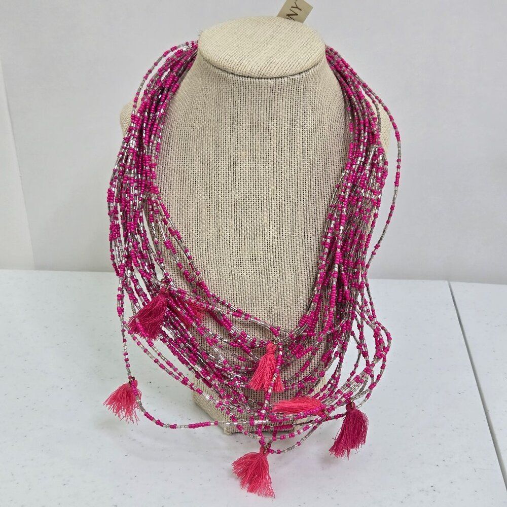 Stony Beaded Necklace Pink Tassel Multi Strand $26 New Statement Seed Bead